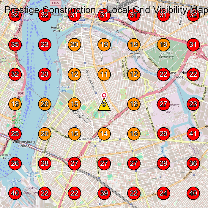 Prestige Construction GeoGrid visibility map for General Contractor in Brooklyn